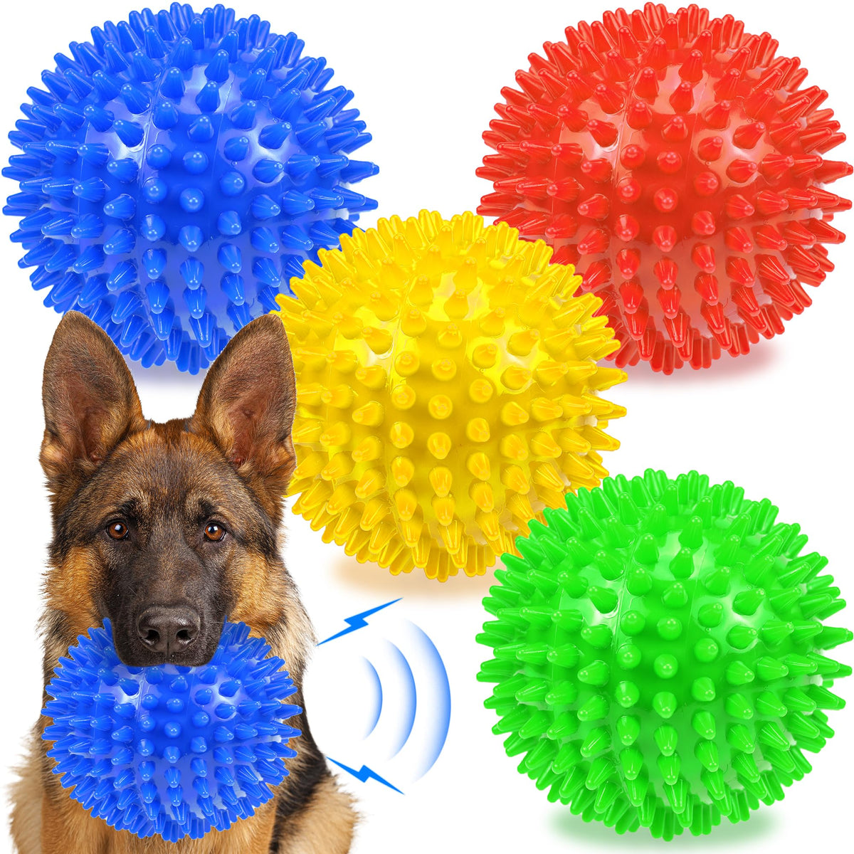 Dog Balls 4.5” Squeaky Dog Toys Spikey Ball for Aggressive Chewers Heavy Duty Teething Large Medium Durable Dogs Balls (4 Pack)