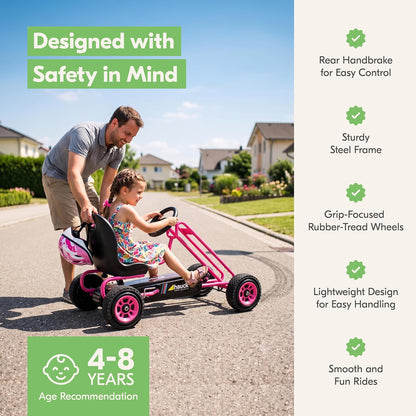 hauck Kids Pedal Go Kart, 4 Wheel Bike Cart, Ride for Ages 4-8, Pink