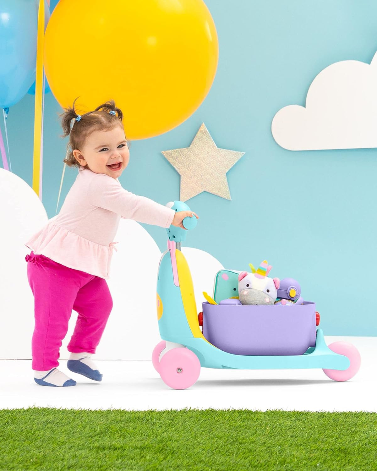 Skip Hop Kids 3-in-1 Baby Activity Push Walker & Ride On Scooter Toy, Unicorn