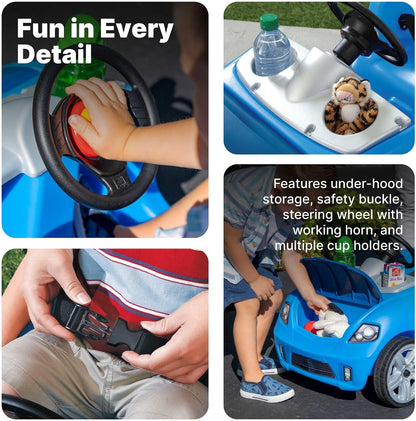 Step2 Whisper Ride II Kids Push Car, Ride-On Car with Seat Belt and Horn, Quick Fold Handle, Stroller Alternative, Toddlers and Preschoolers Ages 18+ Months, Blue