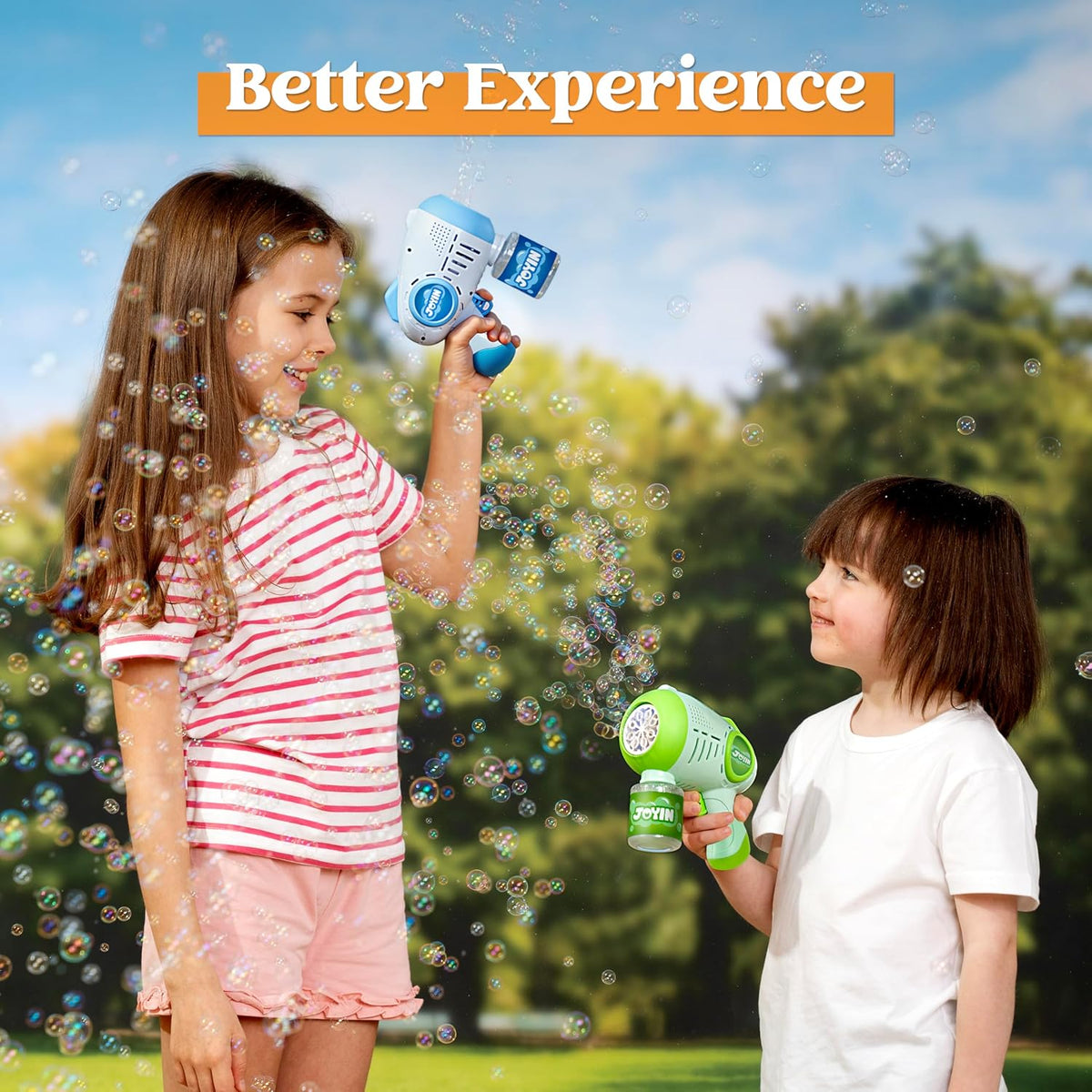 JOYIN 2 Kids Bubble Guns with 4 Bottles Solution, Automatic Bubble Machine Gun with 8 Holes for Kids, Adults, Summer Toys, Easter Basket Stuffers, Birthday Gift, Party Favors