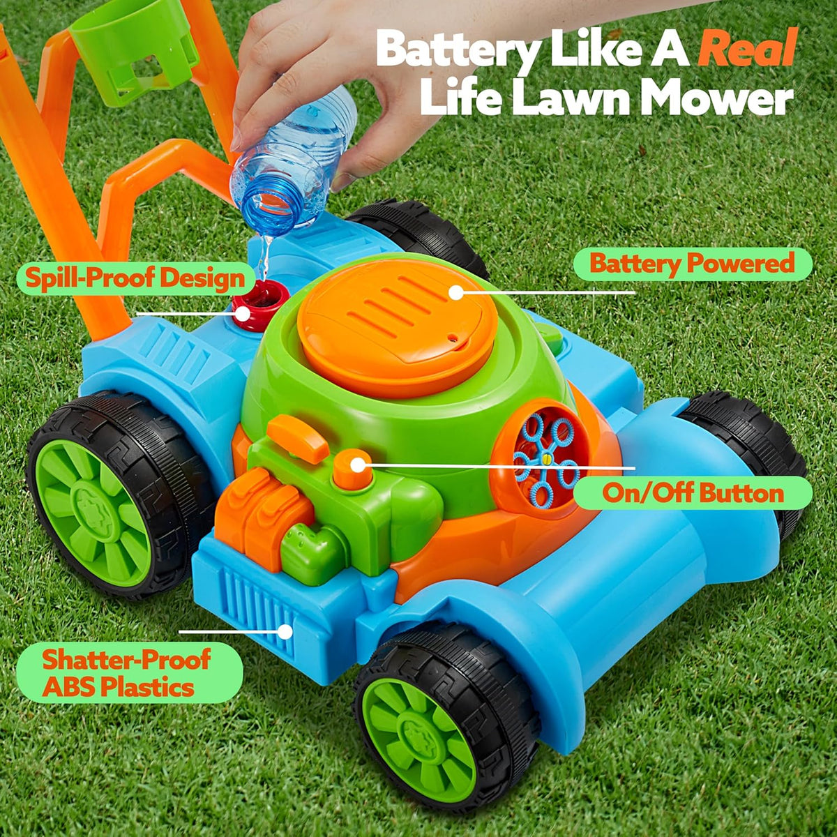 SLOOSH Spill-Proof Bubble Lawn Mower Toddler Toys Bubble Machine