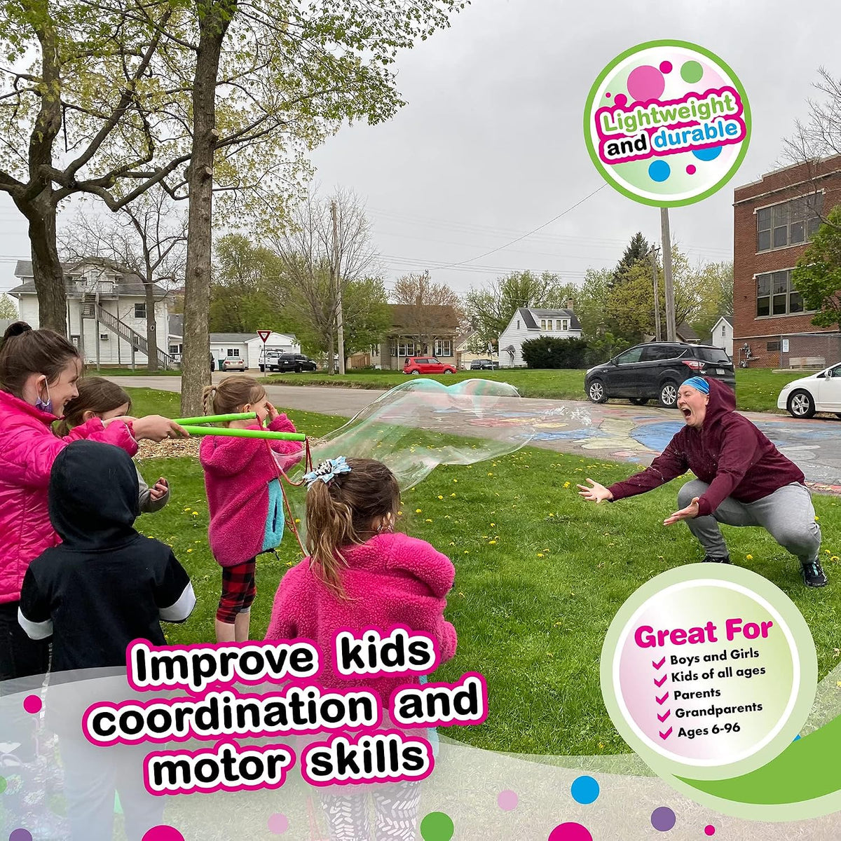 WOWmazing Giant Bubble Wands Kit: (4-Piece Set) | Incl. Wand, Big Bubble Concentrate and Tips & Trick Booklet | Outdoor Toy for Kids, Boys, Girls | Bubbles Made in The USA