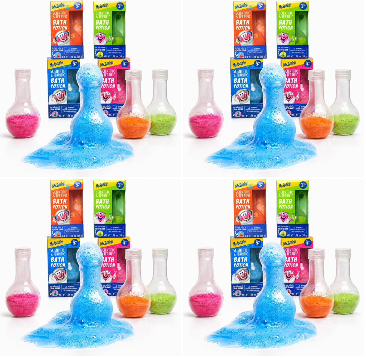 Mr. Bubble Kids Original Bath Bomb Potions - Colorful Fizzy Fun - Cool Foam and Bubble Science Beaker Bath Toys (Pack of 4)