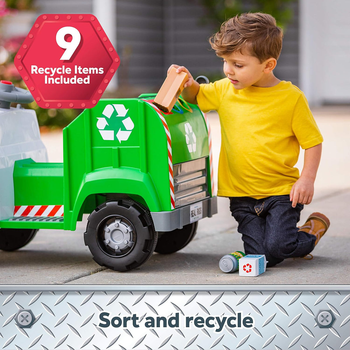 Kid Trax Real Rigs Toddler Recycling Truck Interactive Ride On Toy, Kids Ages 1.5-4 Years, 6 Volt Battery and Charger, Sound Effects, 9 Recycling Accessories Included,Green