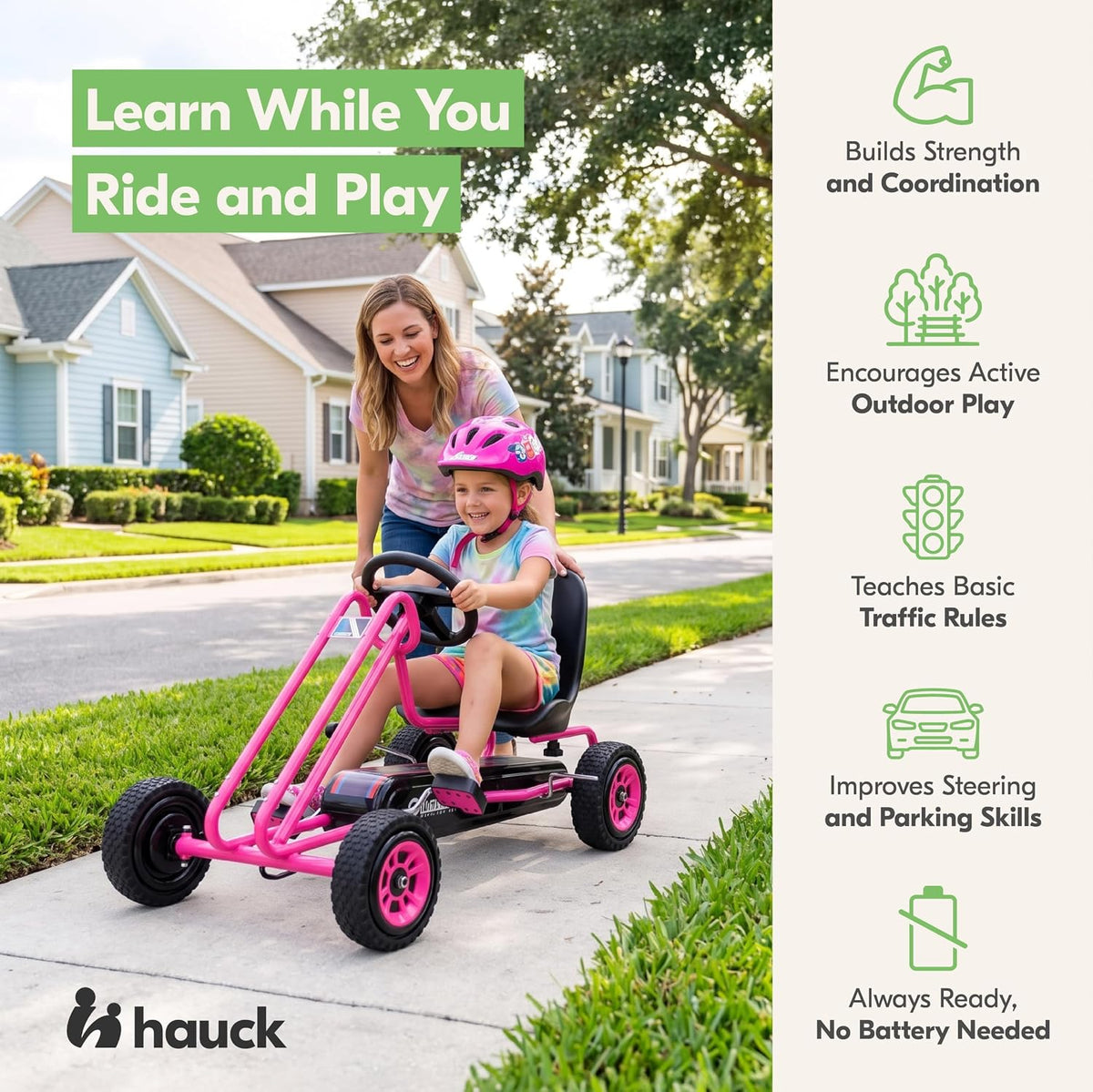 hauck Kids Pedal Go Kart, 4 Wheel Bike Cart, Ride for Ages 4-8, Pink