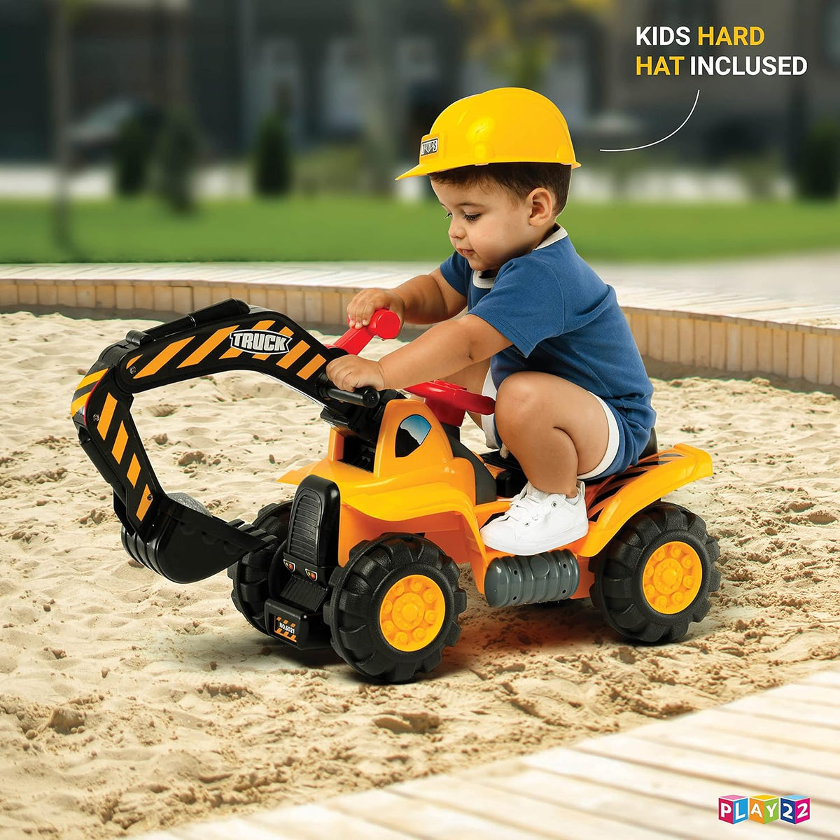 Play22 Toy Tractors for Kids Ride On Excavator - Sounds, Helmet & Rocks