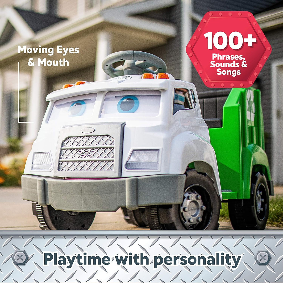 Kid Trax Real Rigs Toddler Recycling Truck Interactive Ride On Toy, Kids Ages 1.5-4 Years, 6 Volt Battery and Charger, Sound Effects, 9 Recycling Accessories Included,Green